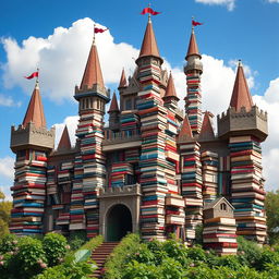 A magnificent castle made entirely of books, featuring tall towers and turrets stacked high with tomes of all shapes and sizes