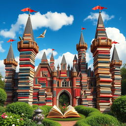 A magnificent castle made entirely of books, featuring tall towers and turrets stacked high with tomes of all shapes and sizes