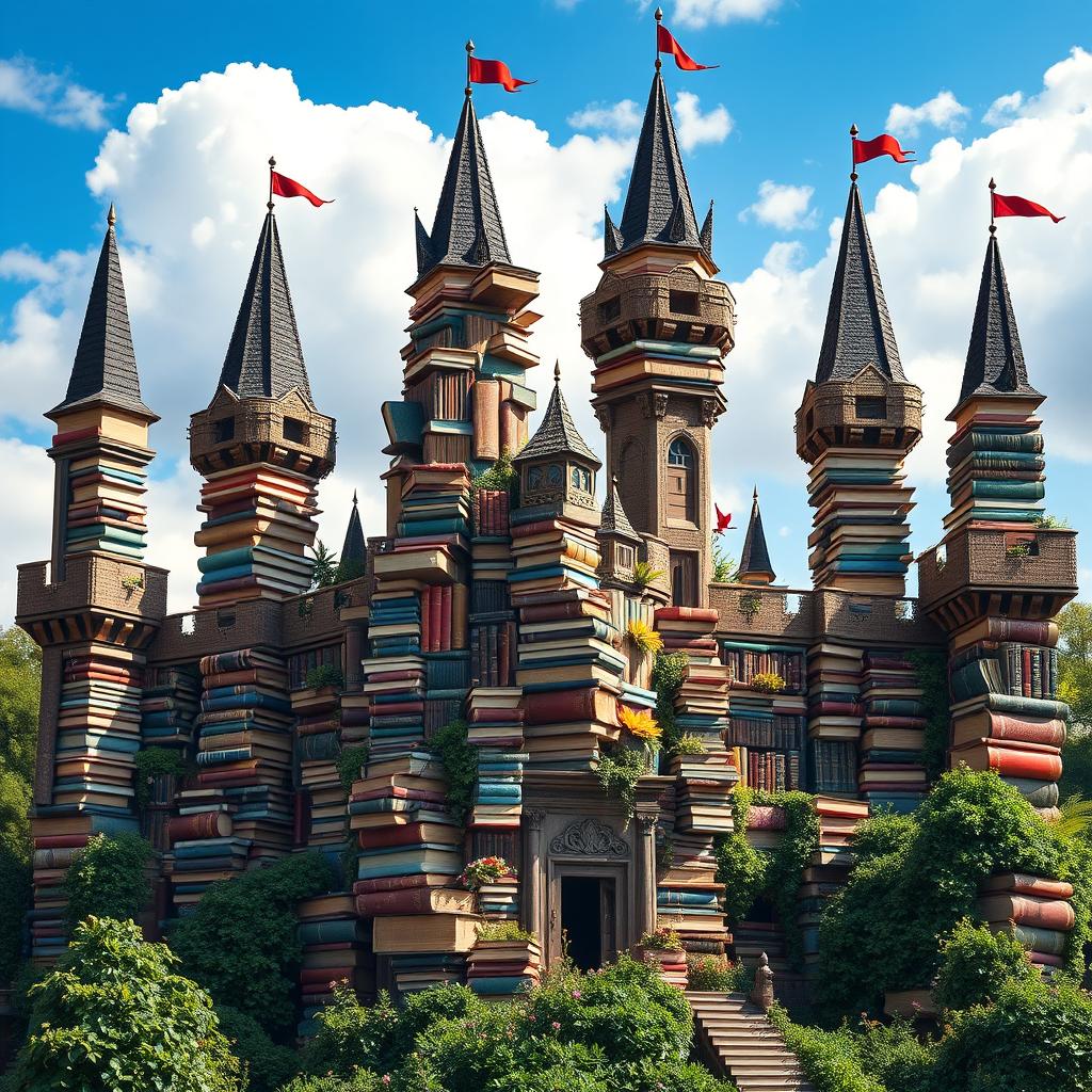 A magnificent castle made entirely of books, featuring tall towers and turrets stacked high with tomes of all shapes and sizes