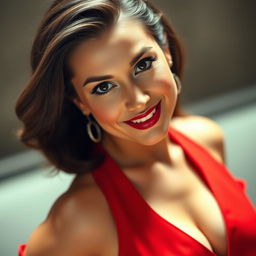 A beautiful 30-year-old woman dressed in a captivating red outfit that highlights her alluring figure
