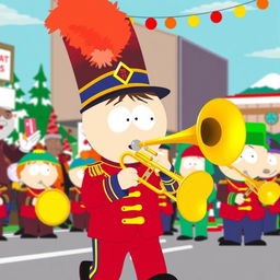 A vibrant and humorous scene featuring Kyle from South Park as a member of the marching band, energetically playing a brass trombone