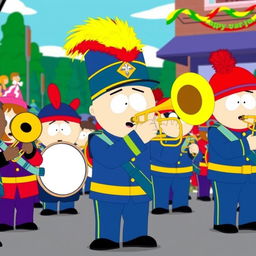 A vibrant and humorous scene featuring Kyle from South Park as a member of the marching band, energetically playing a brass trombone