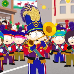 A vibrant and humorous scene featuring Kyle from South Park as a member of the marching band, energetically playing a brass trombone