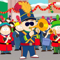 A vibrant and humorous scene featuring Kyle from South Park as a member of the marching band, energetically playing a brass trombone