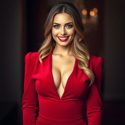 A beautiful 30-year-old woman dressed in a sexy red outfit that elegantly showcases her allure