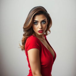 A striking 30-year-old woman dressed in a sexy red outfit that beautifully highlights her figure