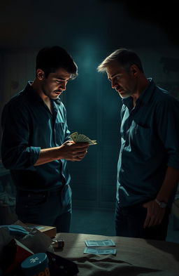 A dramatic scene depicting a tense moment between two brothers in a dimly lit room, one brother looking ashamed as he clutches a handful of cash, while the other brother confronts him with an expression of betrayal