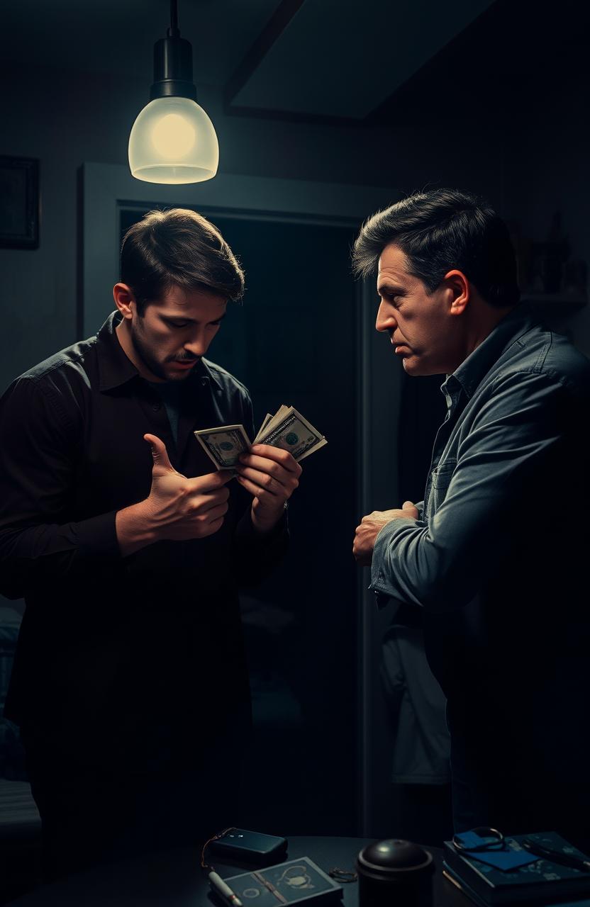A dramatic scene depicting a tense moment between two brothers in a dimly lit room, one brother looking ashamed as he clutches a handful of cash, while the other brother confronts him with an expression of betrayal