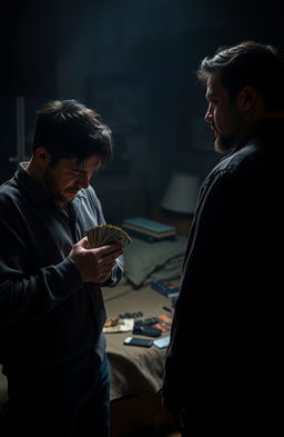 A dramatic scene depicting a tense moment between two brothers in a dimly lit room, one brother looking ashamed as he clutches a handful of cash, while the other brother confronts him with an expression of betrayal