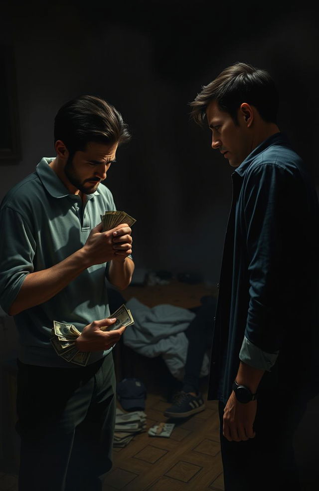 A dramatic scene depicting a tense moment between two brothers in a dimly lit room, one brother looking ashamed as he clutches a handful of cash, while the other brother confronts him with an expression of betrayal