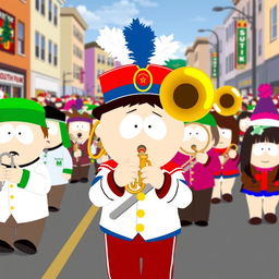 An energetic scene depicting a South Park marching band, showcasing various characters, prominently featuring Kyle playing a brass trombone