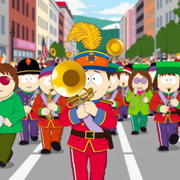 An energetic scene depicting a South Park marching band, showcasing various characters, prominently featuring Kyle playing a brass trombone