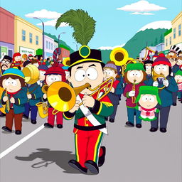An energetic scene depicting a South Park marching band, showcasing various characters, prominently featuring Kyle playing a brass trombone