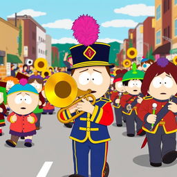An energetic scene depicting a South Park marching band, showcasing various characters, prominently featuring Kyle playing a brass trombone