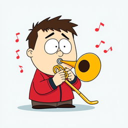 A playful illustration of a South Park character, Kyle, prominently playing a brass trombone