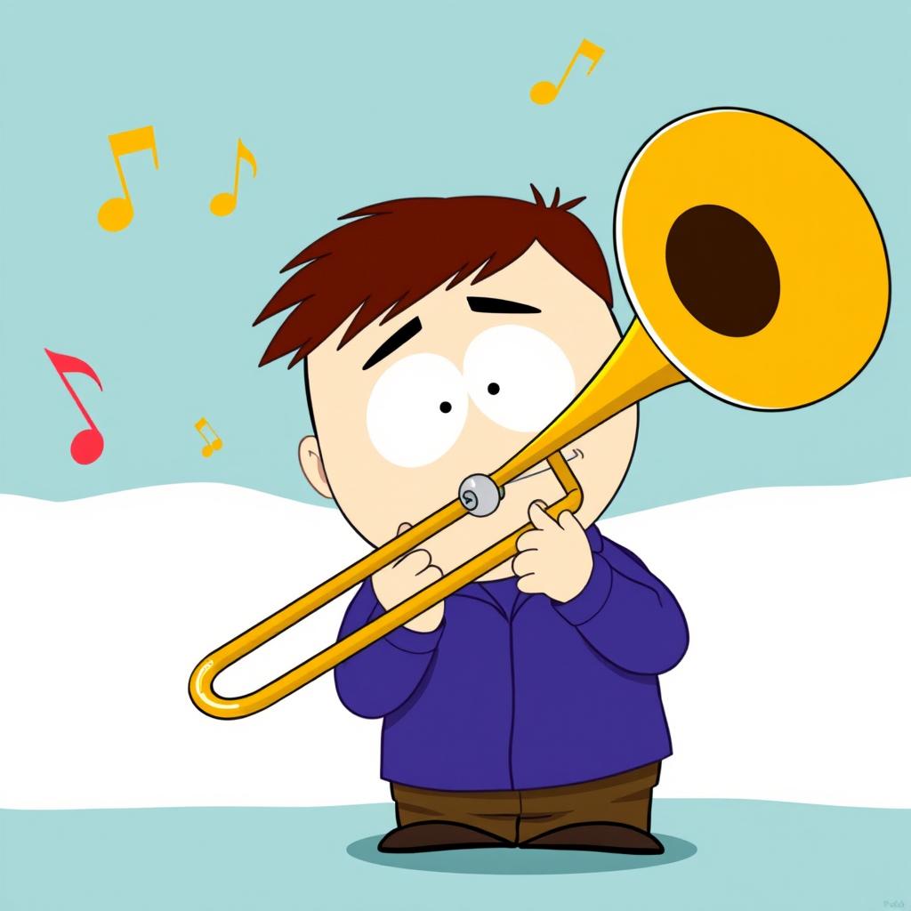 A playful illustration of a South Park character, Kyle, prominently playing a brass trombone