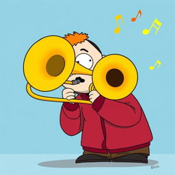 A playful illustration of a South Park character, Kyle, prominently playing a brass trombone
