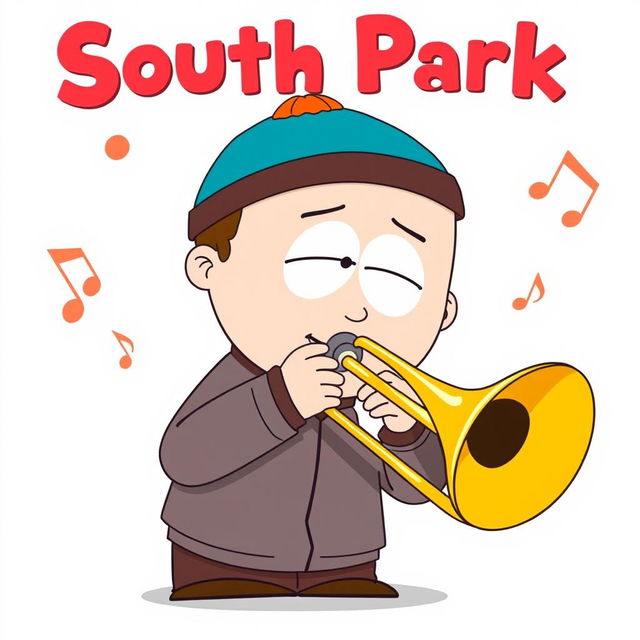 A playful illustration of a South Park character, Kyle, prominently playing a brass trombone