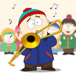 A playful illustration of Stan Marsh from South Park enthusiastically playing a brass trombone