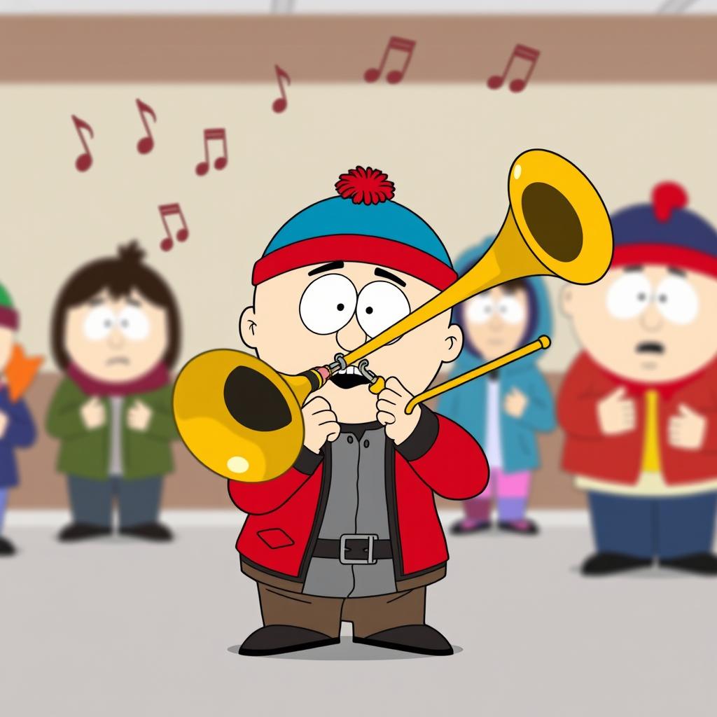 A playful illustration of Stan Marsh from South Park enthusiastically playing a brass trombone