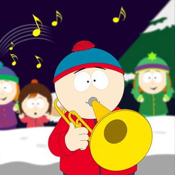 A playful illustration of Stan Marsh from South Park enthusiastically playing a brass trombone