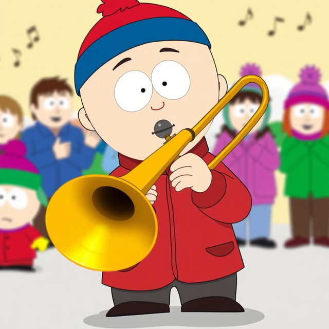 A playful illustration of Stan Marsh from South Park enthusiastically playing a brass trombone