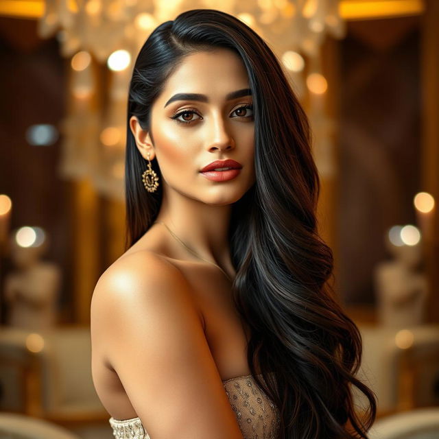 A stunning portrait of a glamorous Indian actress inspired by Janhvi Kapoor, showcasing her confident and alluring presence