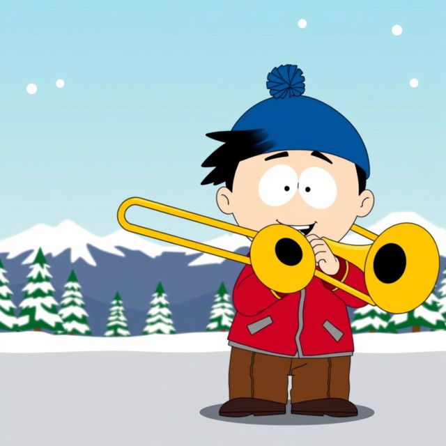 A cartoon character inspired by South Park, named Stan, playing a trombone energetically