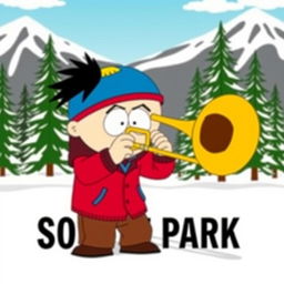 A cartoon character inspired by South Park, named Stan, playing a trombone energetically