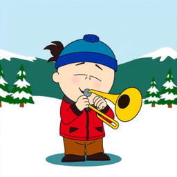 A cartoon character inspired by South Park, named Stan, playing a trombone energetically