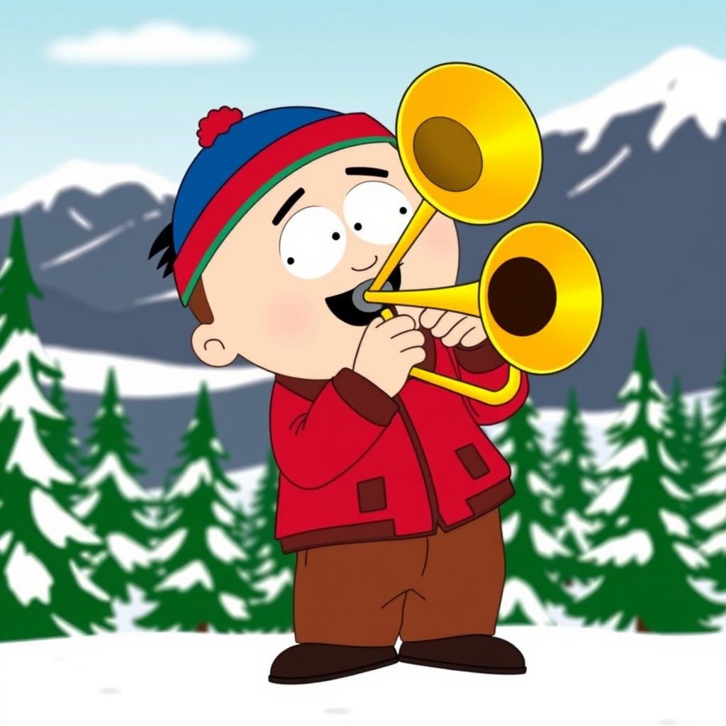 A cartoon character inspired by South Park, named Stan, playing a trombone energetically