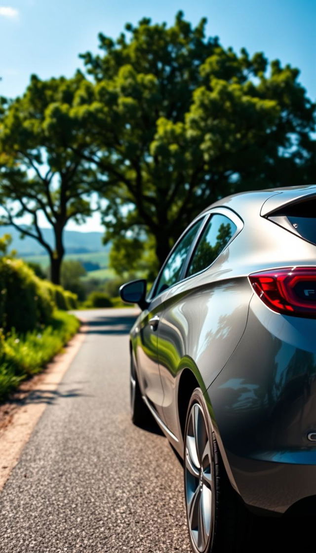 A full view of a sleek Opel Corsa parked on a scenic road, surrounded by lush greenery and a clear blue sky