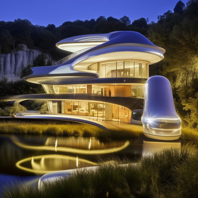 A stunning futuristic mansion positioned next to a serene river.