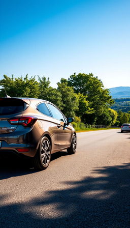 A full view of a sleek Opel Corsa parked on a scenic road, surrounded by lush greenery and a clear blue sky