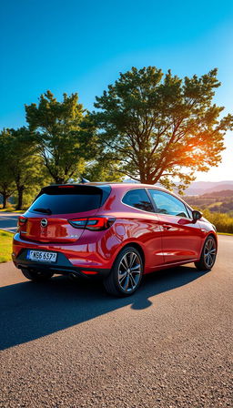 A full view of a sleek Opel Corsa parked on a scenic road, surrounded by lush greenery and a clear blue sky
