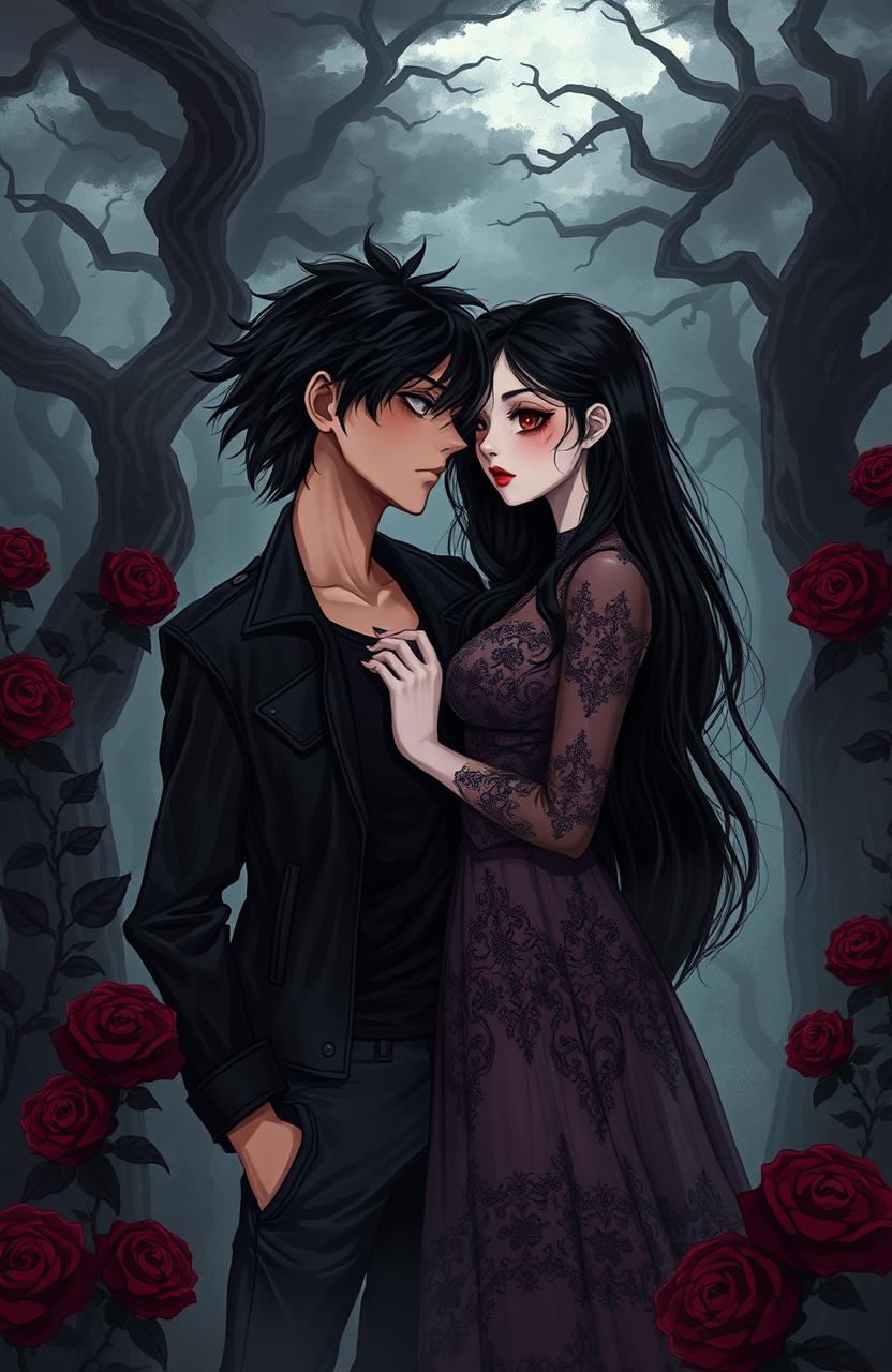 A captivating illustration featuring a 2D boy and girl immersed in a dark romance theme