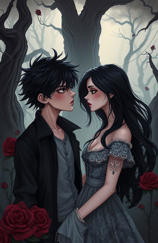 A captivating illustration featuring a 2D boy and girl immersed in a dark romance theme