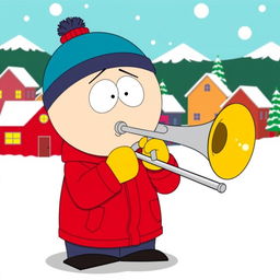 A cartoon character inspired by South Park, named Eric Cartman, playing a trombone comically