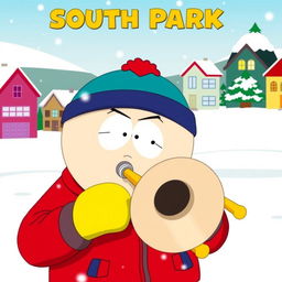 A cartoon character inspired by South Park, named Eric Cartman, playing a trombone comically
