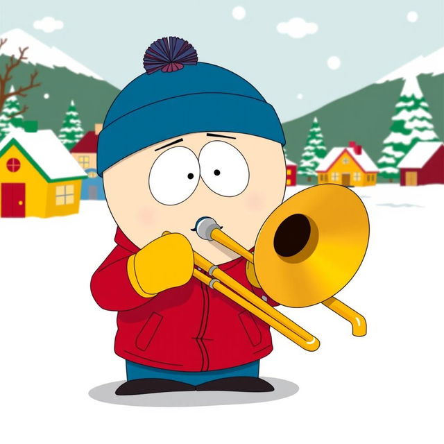 A cartoon character inspired by South Park, named Eric Cartman, playing a trombone comically