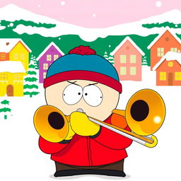 A cartoon character inspired by South Park, named Eric Cartman, playing a trombone comically