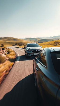 A diagonal distant view of a sleek Opel Corsa driving along a picturesque road, showcasing its stylish silhouette and modern features
