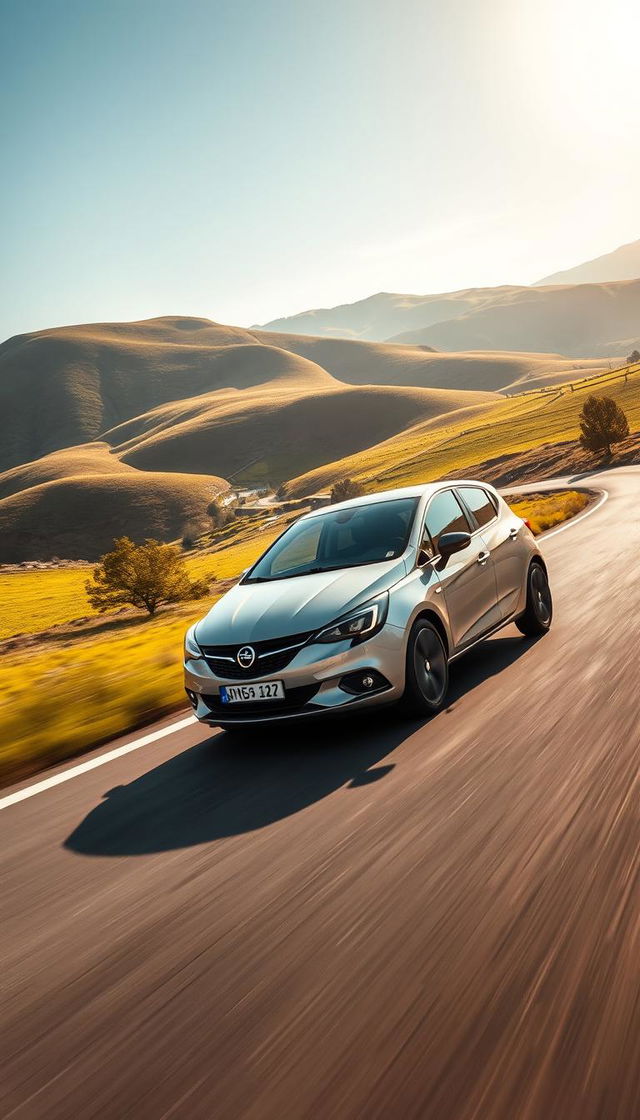 A diagonal distant view of a sleek Opel Corsa driving along a picturesque road, showcasing its stylish silhouette and modern features