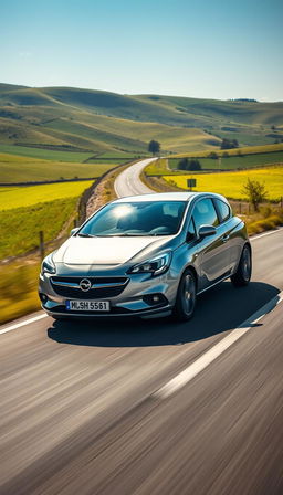 A diagonal distant view of a sleek Opel Corsa driving along a picturesque road, showcasing its stylish silhouette and modern features