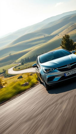 A diagonal distant view of a sleek Opel Corsa driving along a picturesque road, showcasing its stylish silhouette and modern features