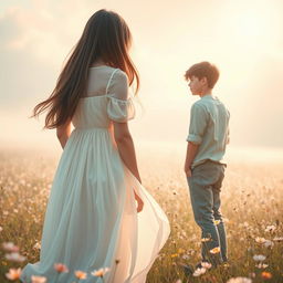 An enchanting romance book cover concept depicting a scene where a girl is intentionally ignoring a boy