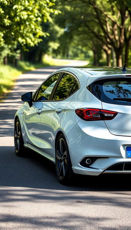 A diagonal full view of a sleek Opel Corsa, showcasing its modern design and aerodynamic features