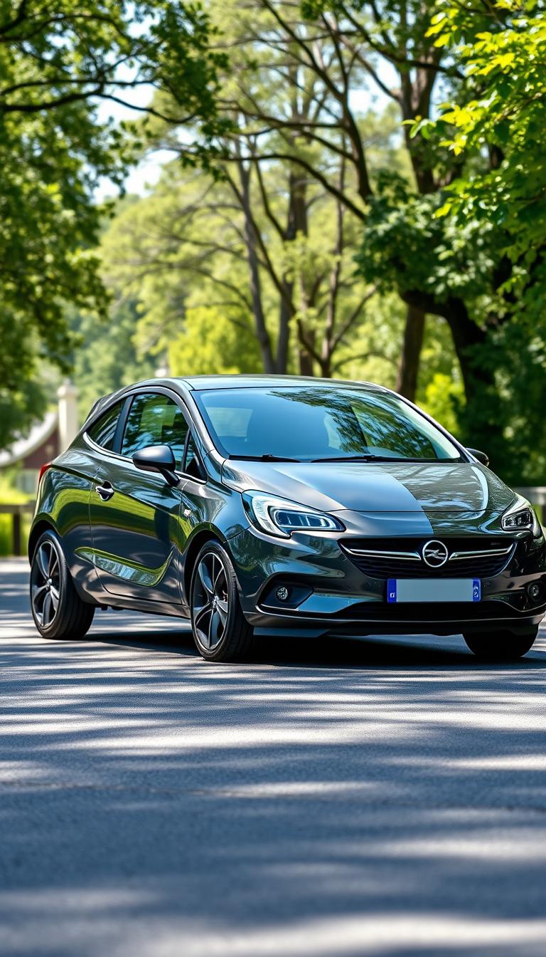 A diagonal full view of a sleek Opel Corsa, showcasing its modern design and aerodynamic features