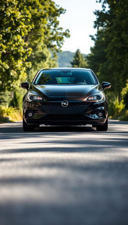 A diagonal full view of a sleek Opel Corsa, showcasing its modern design and aerodynamic features