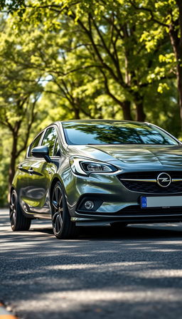 A diagonal full view of a sleek Opel Corsa, showcasing its modern design and aerodynamic features